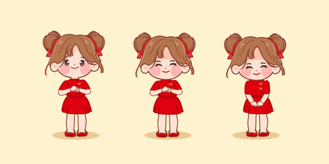Chinese New Year Celebration with Girls in Traditional Costume, Vector  Illustration premium.