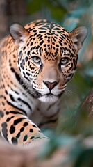 Obraz premium Majestic Jaguar Close Up In Lush Green Foliage
