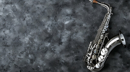 Naklejka premium Alto Saxophone on Dark Textured Background, Music Instrument, Studio Shot, Copy Space, Jazz
