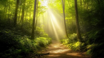 Naklejka premium A dreamy forest path in the Smokies, with sunlight filtering through fresh spring leaves and a canopy of green above.
