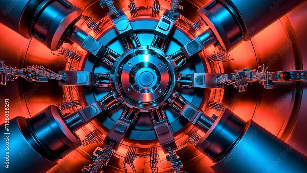 Poster futuristic machinery with intricate design and vibrant colors in a high-tech laboratory setting