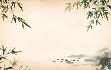 Old beige rice paper background with blank space, landscape painting and small ink drawing of bamboo leaves on the left side