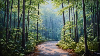 Obraz premium A dreamy forest path in the Smokies, with sunlight filtering through fresh spring leaves and a canopy of green above.