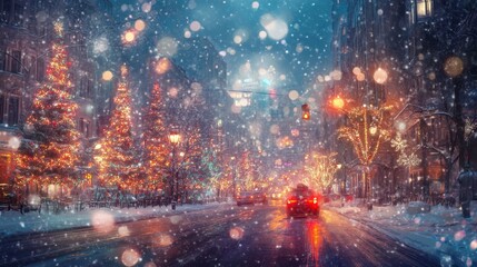 A dreamy snowy city street lined with glowing Christmas trees on Christmas Eve, with an abstract background of blurred lights and festive charm.