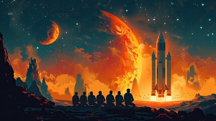 Obraz premium A Meeting in Space: Entrepreneurs gather in a space station for groundbreaking discussions