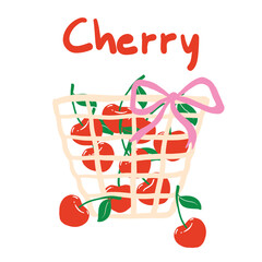 Valentine cherry basket illustration with red fruits pink bow and sweet berries perfect for summer or romantic designs