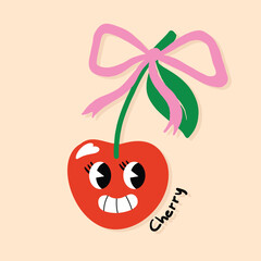 Valentine cute cartoon cherry illustration featuring a smiling red cherry with big eyes, green leaves, and a pink bow, perfect for kids designs and fun gift ideas