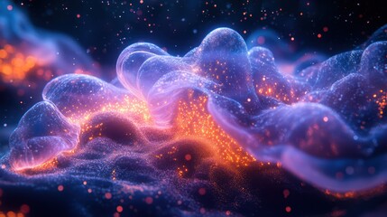 Naklejka premium Bioluminescent crystal creatures dancing through abyssal depths, living prisms creating spectrum light shows, rainbow life in ocean darkness