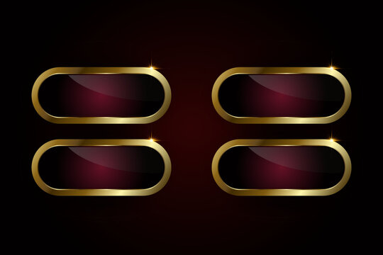Groups of four luxury red plate buttons of ellipse vector shape with golden frame vector illustration. Four options of Realistic prmium red buttons on isolated background.