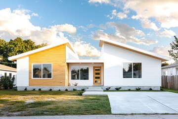 Contemporary home with a simple driveway and white wood exterior.