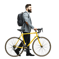 Obraz premium Urban Cyclist with Yellow Bicycle On Transparent Background Modern Lifestyle Photography 