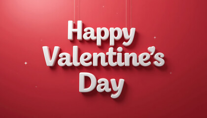 Abstract red soft cute vintage surface 3d text,&rdquo; Happy Valentine&rsquo;s Day&rdquo; in white shiny gradient minimalist style, soft cloudy, in cute lovely cursive font,