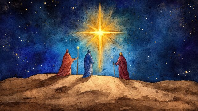 Following the Star: Three Wise Kings in Watercolor Illustration of Bethlehem