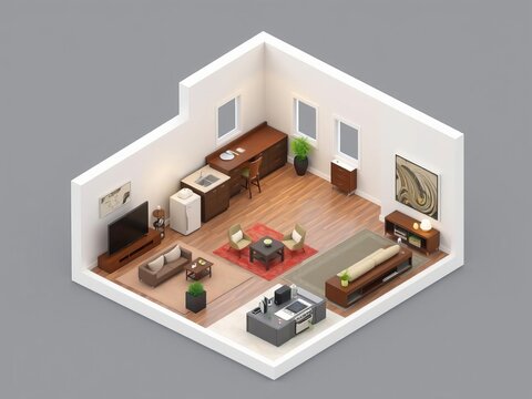 Modern 3d model and blueprint of a house with sleek interior design, furniture, luxury, layout