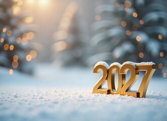 Golden 2027 numbers in snowy winter landscape.
