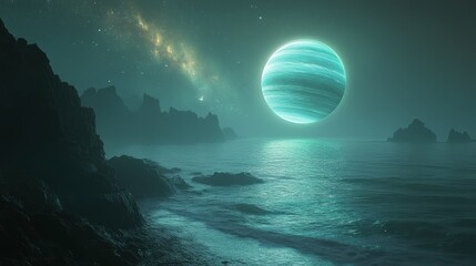 3D Illustration, Alien Planet Ocean, Night Sky, Galaxy, Stars