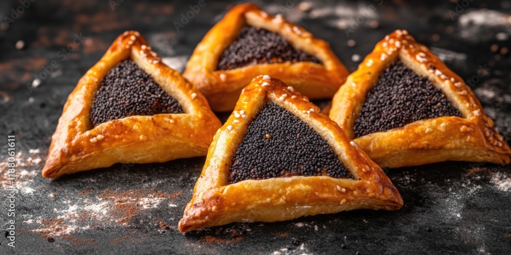 Poster four triangular pastries with sesame seeds on top. the pastries are arranged in a row on a counter