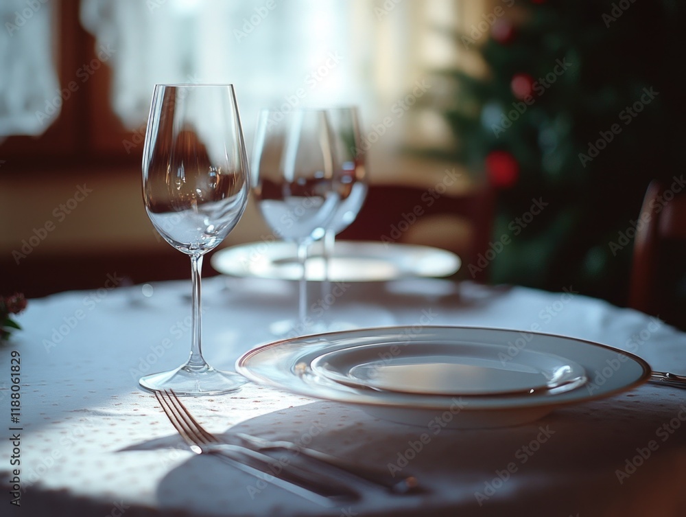 Poster table is set with a white tablecloth and a set of wine glasses and plates. the table is ready for a 