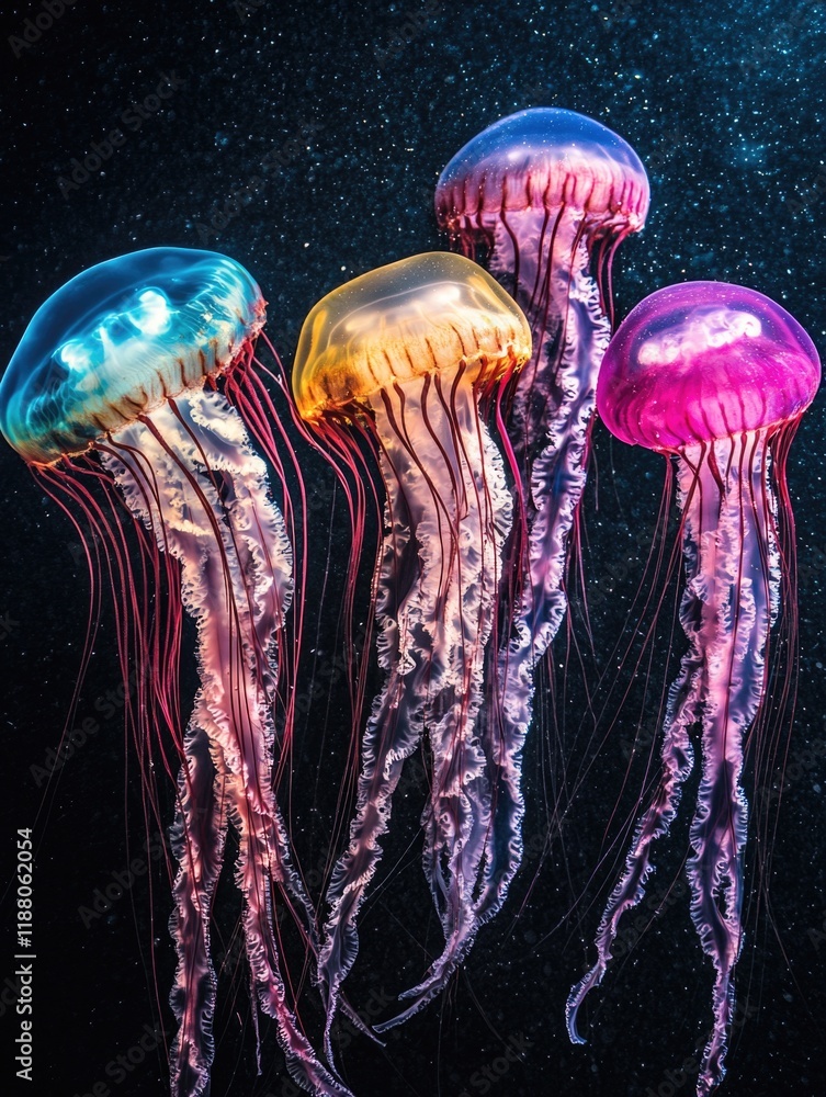 Poster group of jellyfish with long tentacles are floating in the dark. the jellyfish are in various colors