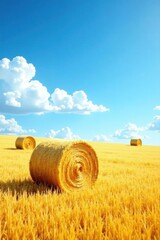 Golden hay bales under a vast, clear blue sky , hay bales, scenic