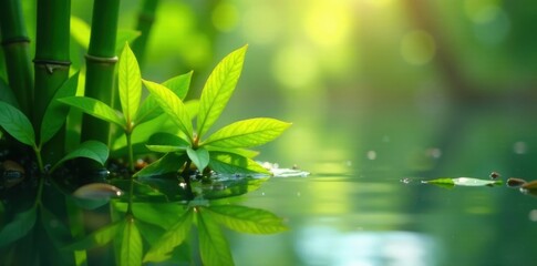 Sunlight illuminating fresh bamboo leaves atop still water surface , stock, texture, peaceful
