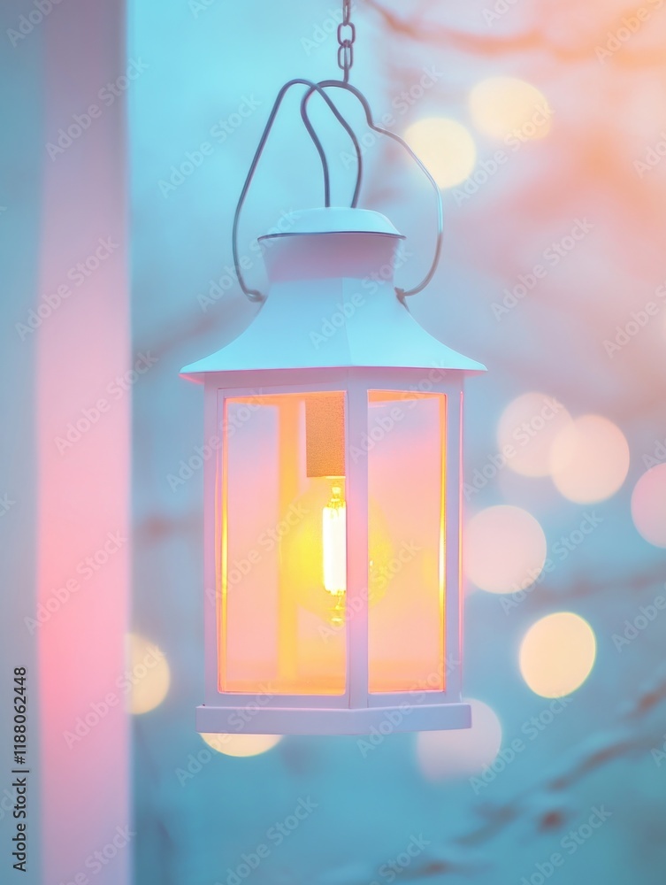 Poster white lantern with a yellow light shining through it. the lantern is hanging from a tree branch