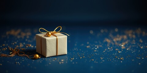 A delicately wrapped gift box with a gold bow and beads rests on a deep blue surface adorned with golden glitter.