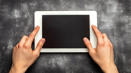 Hands using tablet, dark textured background, top view, blank screen, digital media