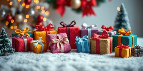 A festive collection of wrapped gifts with colorful ribbons adorned with snowy accents, perfectly capturing the joy and anticipation of a winter holiday.
