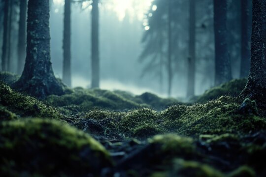 Forest with moss and trees. The moss is green and the trees are tall. The forest is dark and quiet