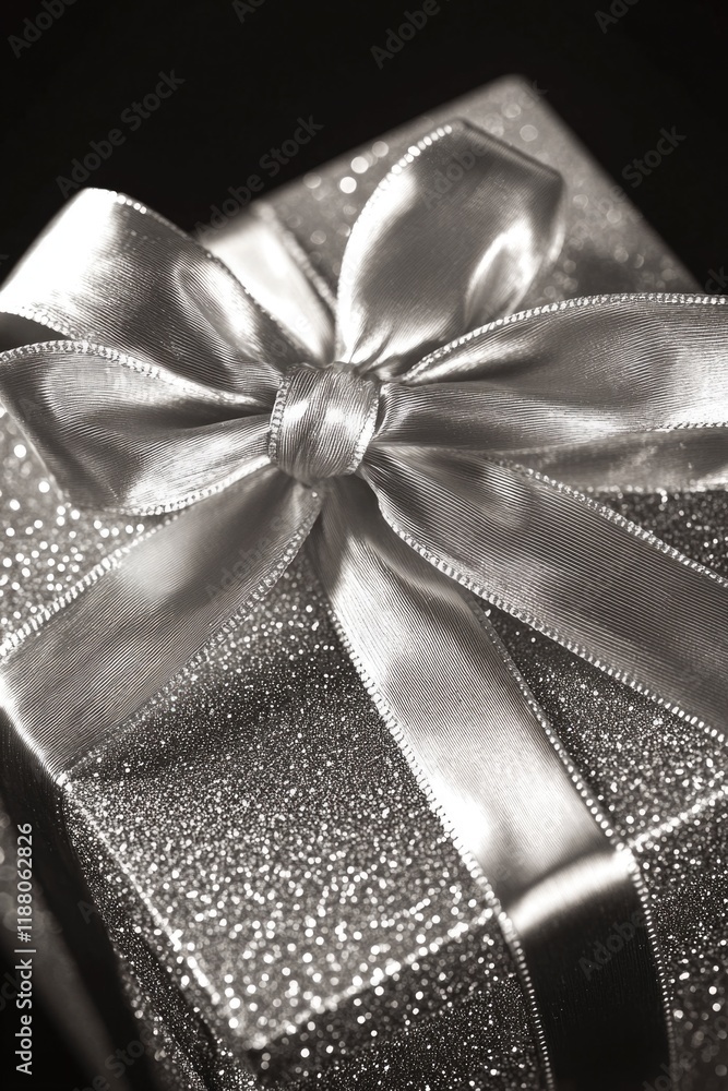 Aufkleber silver box with a bow on top of it. the box is shiny and has a metallic look to it. the bow is tied 
