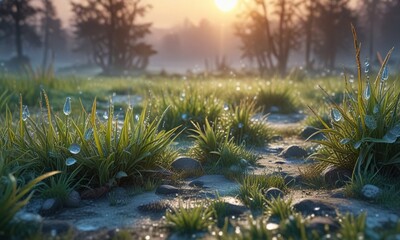 Icy misty dawn landscape with glittering dew drops on the grass, misty, sparkly
