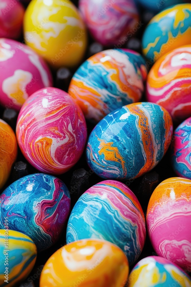 Poster bunch of colorful eggs with swirls and patterns on them. the eggs are arranged in a row and are of d