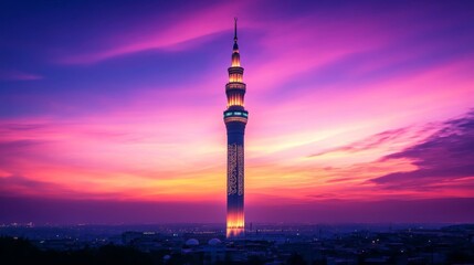 Obraz premium Illuminated Minaret Against Vibrant Sunset Sky