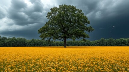 Obraz premium Lone tree in yellow field, storm clouds and lightning.