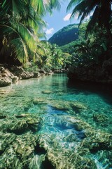 River with a clear blue water and green trees in the background. The water is calm and peaceful
