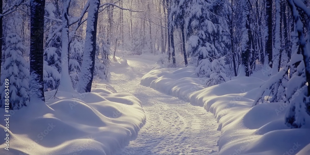 Poster snowy path through a forest with trees covered in snow. the snow is deep and the path is narrow. sce