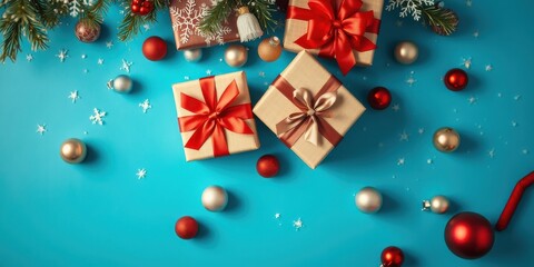 Obraz premium Holiday gift boxes with red and gold bows, and Christmas ornaments on a blue background.