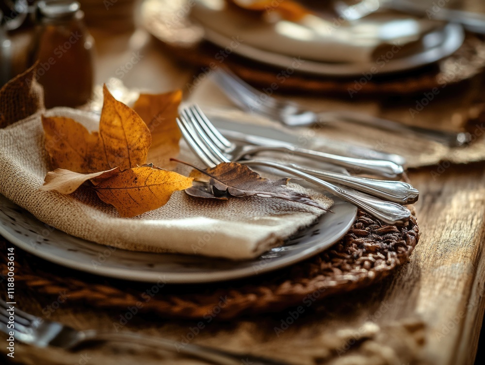 Poster table with a white plate and a napkin with a leaf on it. the leaf is on top of the napkin and the fo
