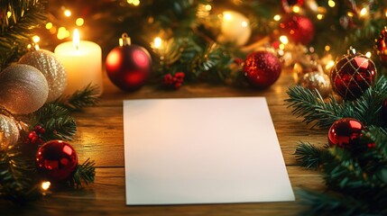 White piece of paper sits on a wooden table with a bunch of red and gold Christmas ornaments surrounding it