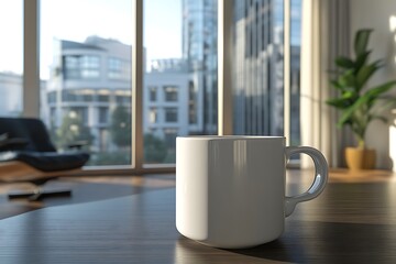 White coffee mug mockup in a cafe on a wooden table top.