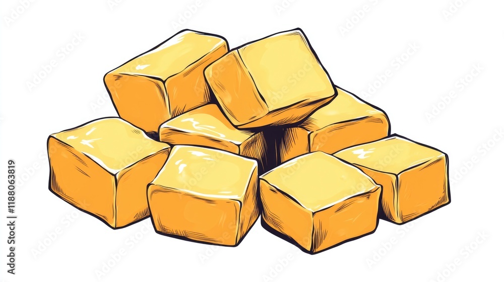 Poster stack of yellow cubes with a white background. the cubes are yellow and appear to be made of some so