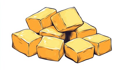 Stack of yellow cubes with a white background. The cubes are yellow and appear to be made of some sort of cheese