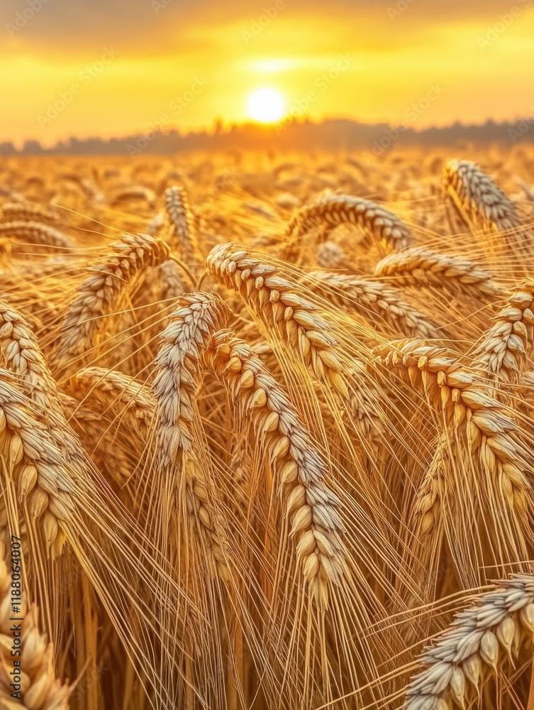 Aufkleber field of golden wheat with the sun setting in the background. the sun is setting behind the wheat, c