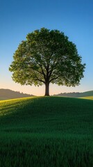 Fototapeta premium Lone tree on grassy hill at sunrise, distant hills.