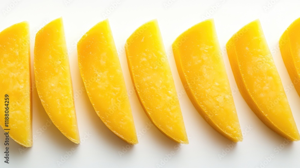 Poster row of yellow mango slices on a white background. the slices are cut in half and arranged in a strai