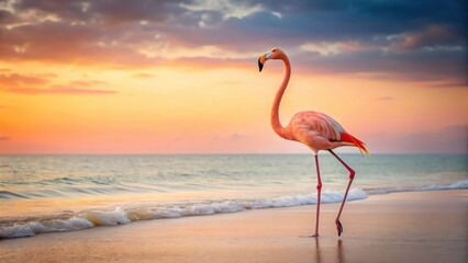 Fototapeta premium A stunning pink flamingo standing alone on a white sandy beach at sunrise with its long neck stretched out in front of it , Solitude, Bird