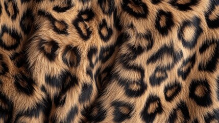 Fototapeta premium Close up of a leopard's fur with black and brown spots. The fur is very soft and fluffy, giving the impression of a warm and cozy blanket