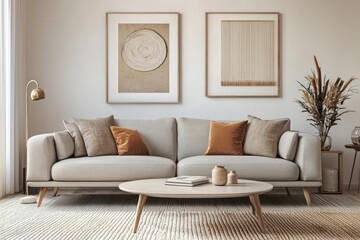 Living space with a gray sofa and stylish coffee table.
