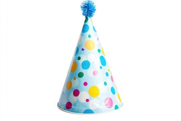 Blue party hat with a blue pom pom on top. The hat is decorated with colorful polka dots